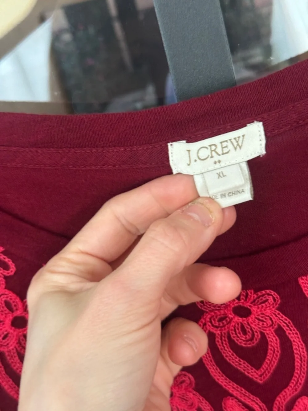 J. Crew embroidered blouse long sleeve top flowers maroon crewneck cotton